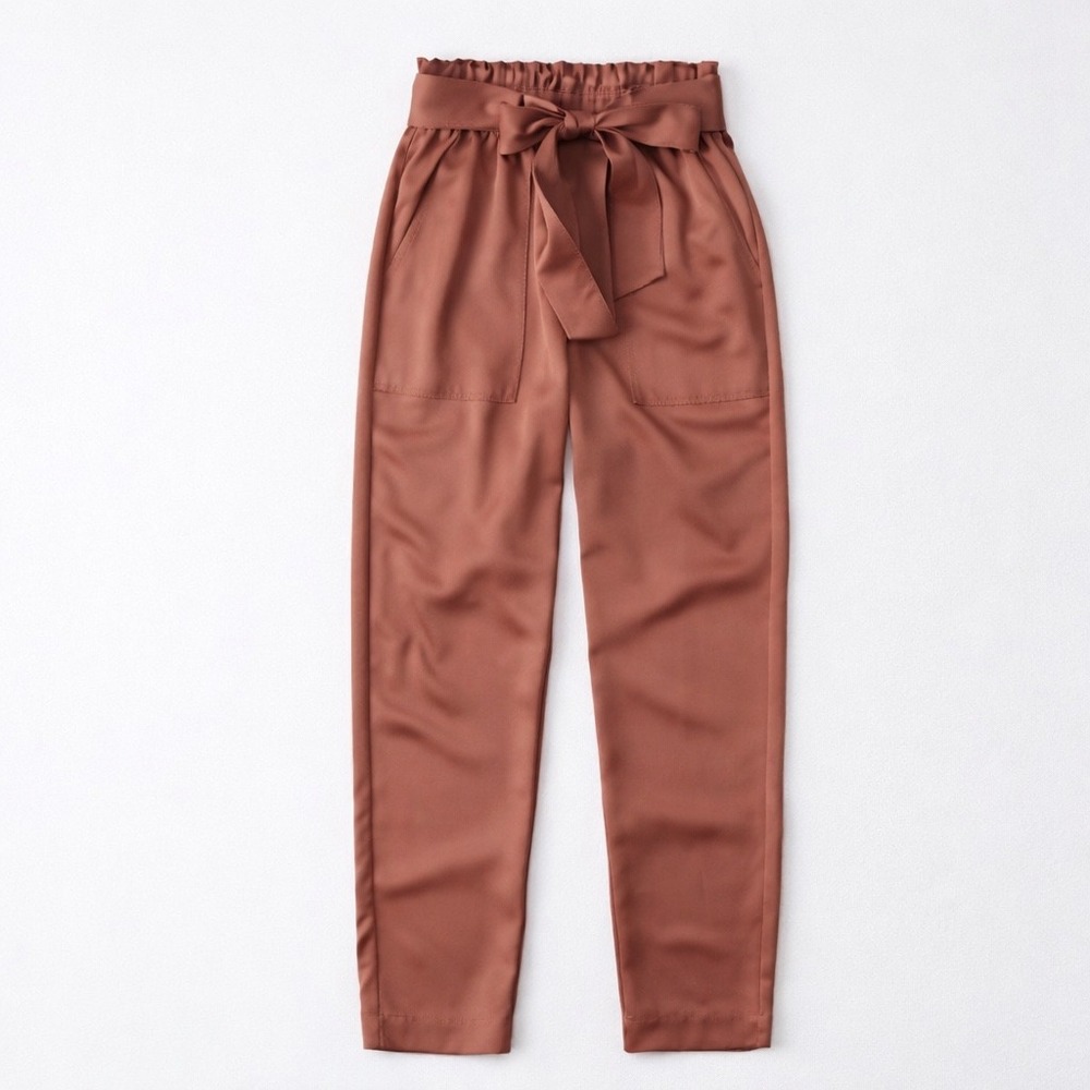 Abercrombie Terra Cotta Satin Jogger Pants Paperbag Waist Tie‎ Belt Size Small
